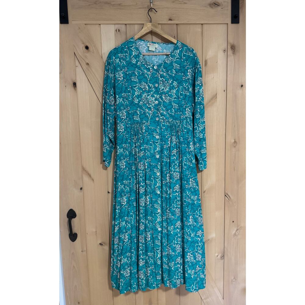 Vintage Chili Peppers 1990s Teal Long Sleeve Boho Long Button Front Dress Size L